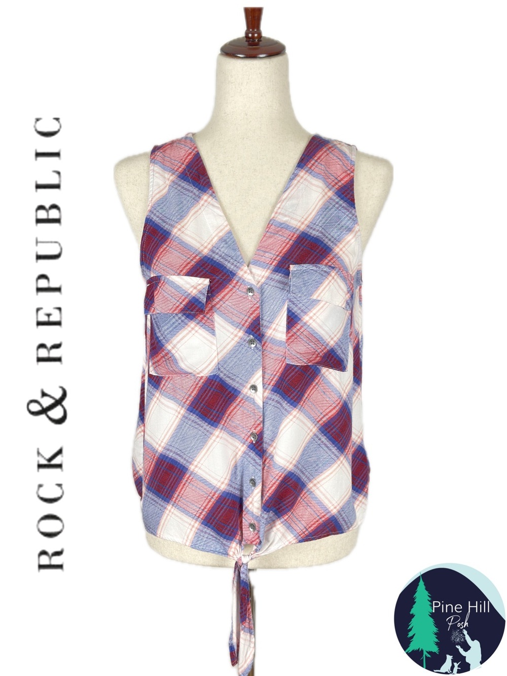Rock & Republic Plaid Sleeveless Button Up Flannel Shirt Tie Front Western XS